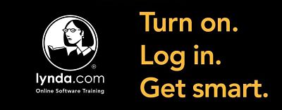 Lynda.com logo.  Turn on. Log In. Get Smart.