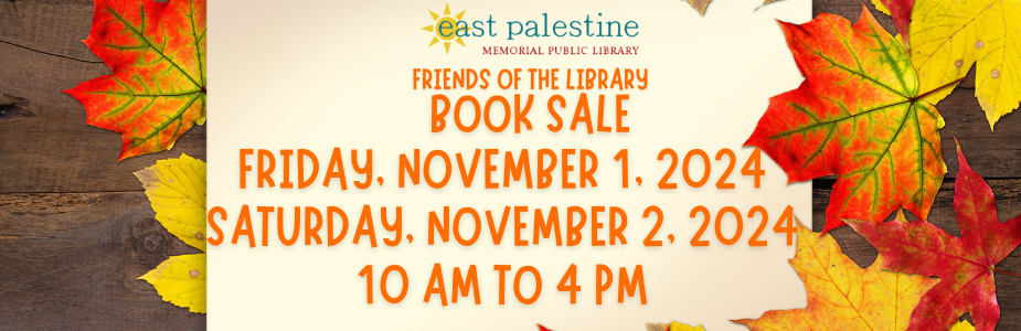 Friends of the Library Book Sale date and time with autumn colored leaves