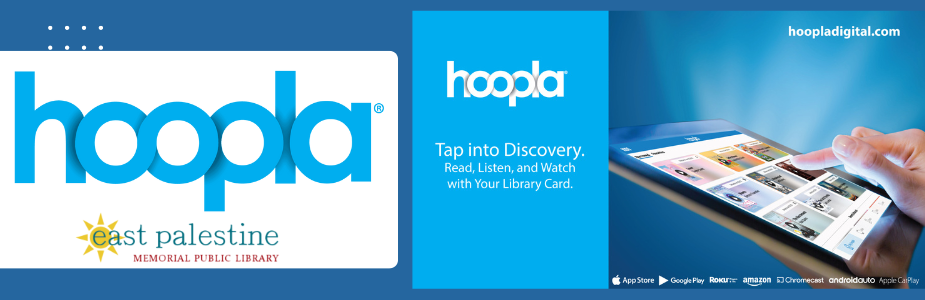 Hoopla tap into discovery. Read, listen, and watch with your library card with blue background