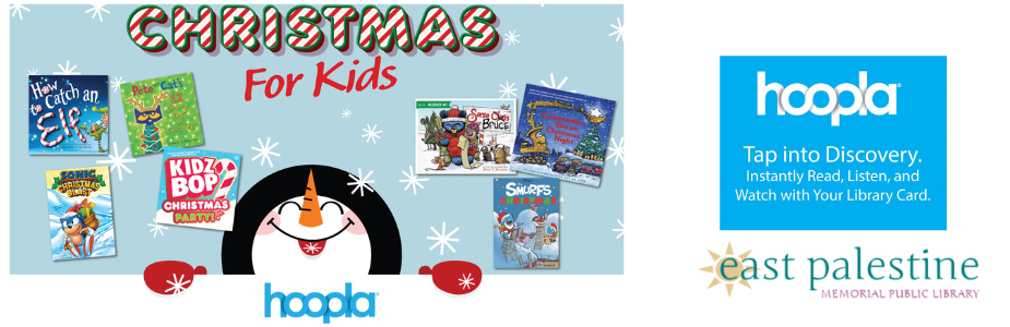 Christmas for Kids with books around and snowman looking up and hoopla logo