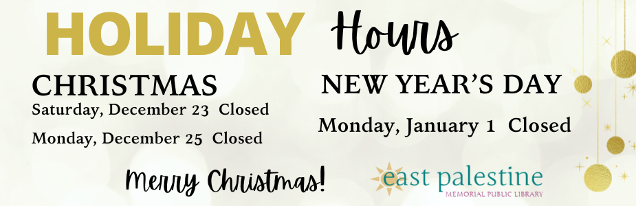 Holiday Hours with date and time on gold background with gold ornaments on the right side